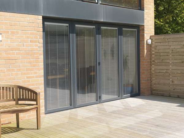 Slimfold A 10 Bi folding doors showing internal Blinds, maunually operating. Aluminium Bi fold doors Chester CH1 Aluminium Bi fold doors Curzon Park CH4